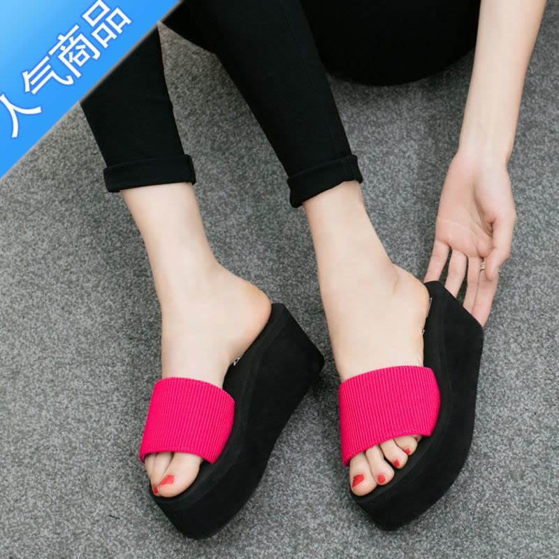 SUNTEK外穿夏季黑色一字拖女士凉拖沙滩鞋拖鞋超厚跟松糕底拖鞋凉鞋女鞋图片