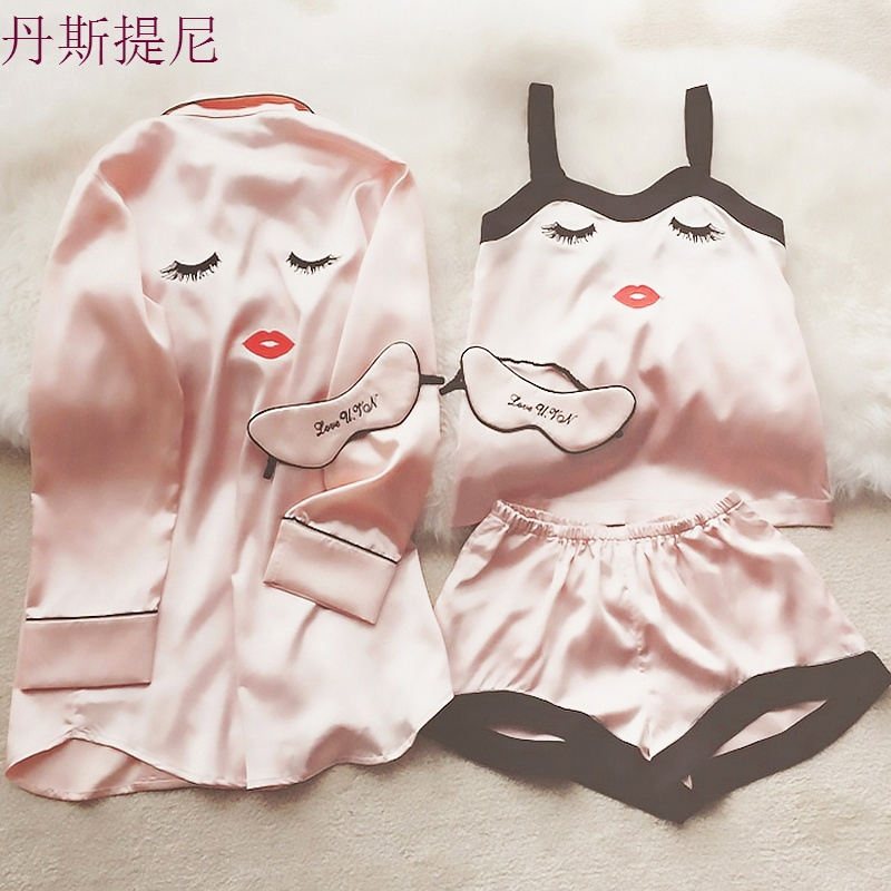 睡衣女夏套装带短袖性感两件套夏季春秋夏天冰丝小胸薄款三件套