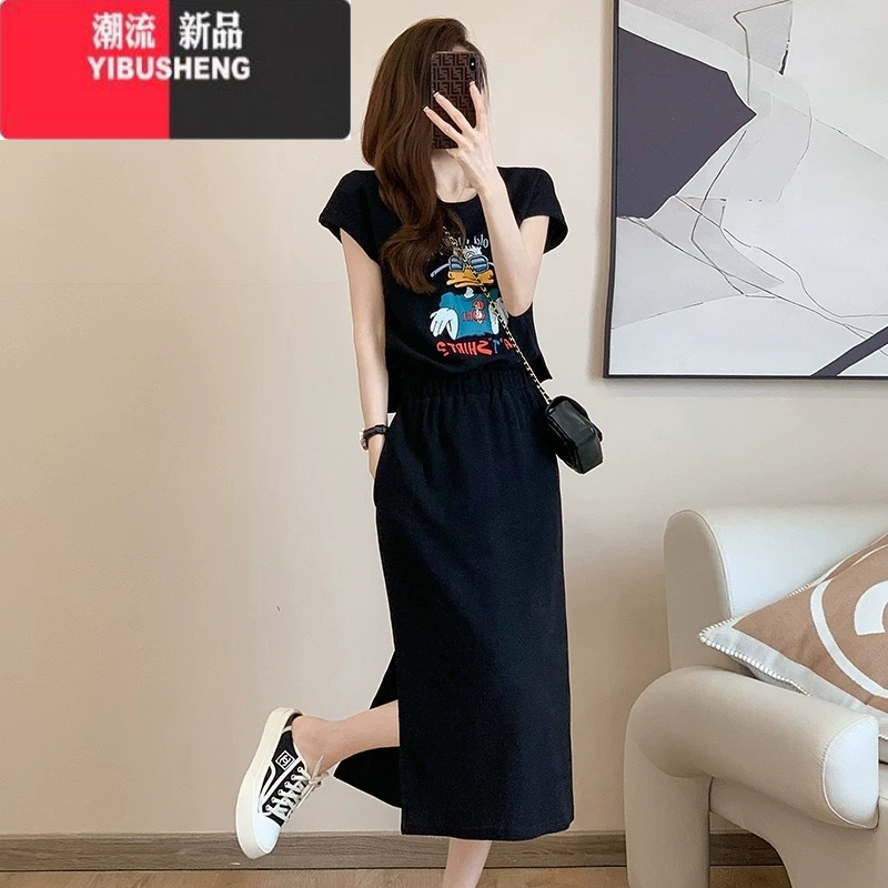 YIBUSHENG天衣服2024新款女连衣裙欧货减龄休闲长款收腰显瘦开叉T恤裙新 XL建议115-125斤 黑色