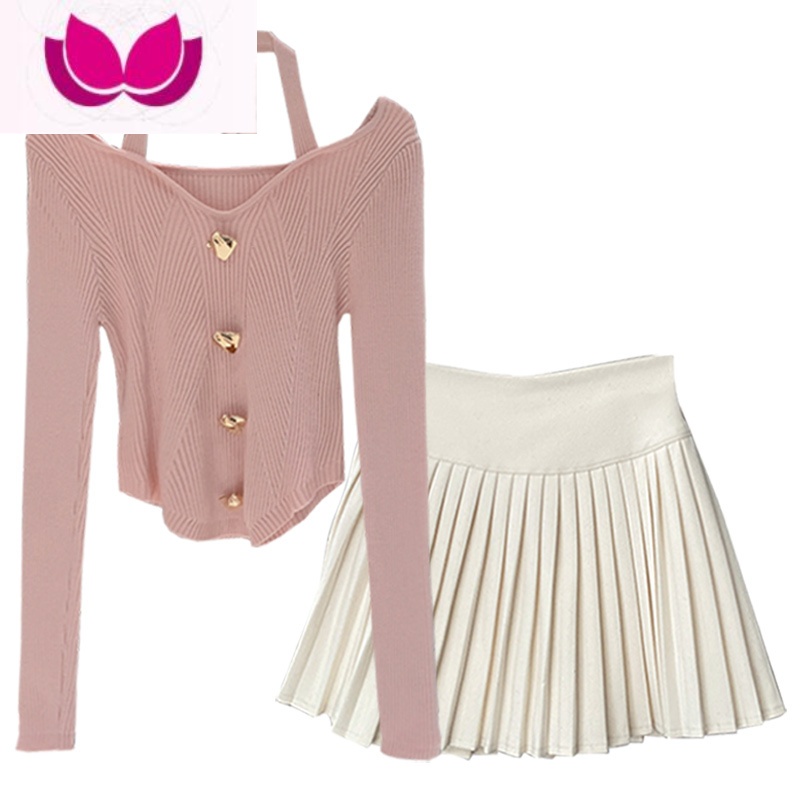 七斓纯欲甜辣风小个子套装女新款挂脖长袖针织衫毛呢百褶裙套高清大图