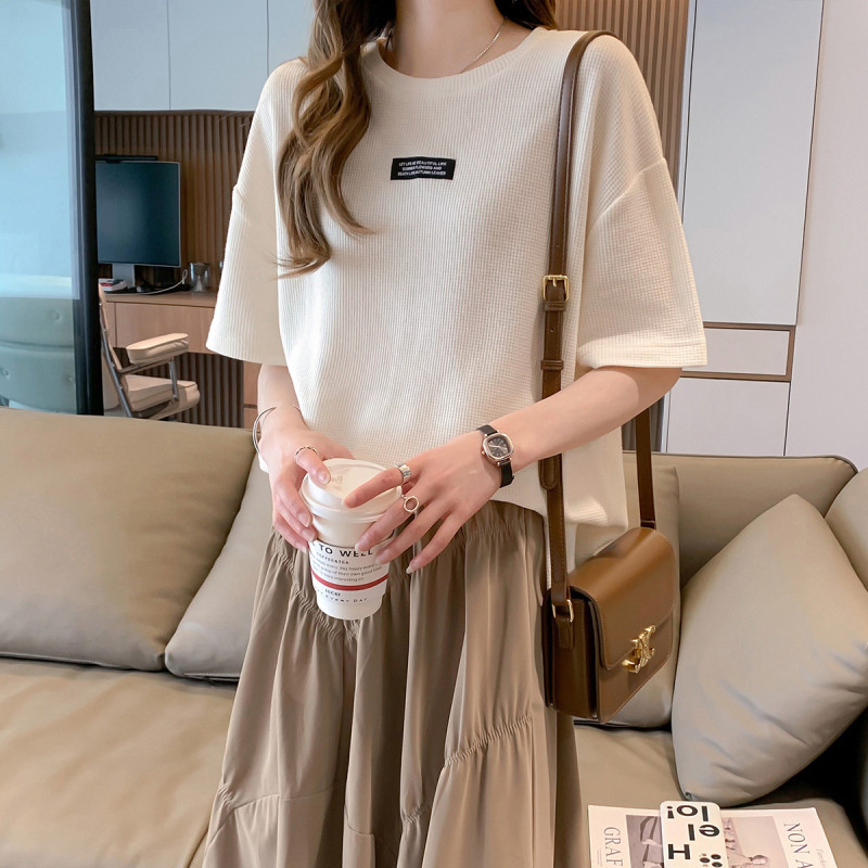 唐狮清凉夏季t恤女新款小众设计感华夫格织标上衣宽松小衫ins