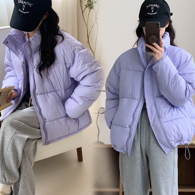 羽绒棉衣棉服女新款冬季韩版黑色小个子加绒短款立领面包服外套女 紫色 M