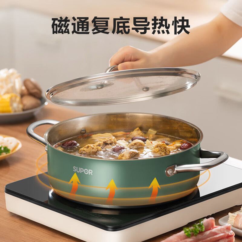 苏泊尔火锅28cm304不锈钢家用复底燃气电磁炉汤锅ET28AAS04-G高清大图