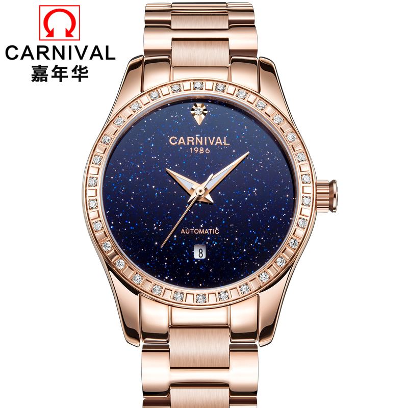 正品嘉年华Carnival手表新款女士全自动机械表 女款镶钻镂空简约款防水时尚潮流女表星空表盘8011L