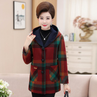 迪鲁奥（DILUAO)轻奢品质中老年女装秋冬款格子毛呢外套女2019新款妈妈装冬季连帽呢子大衣_939 桔红色 4XL