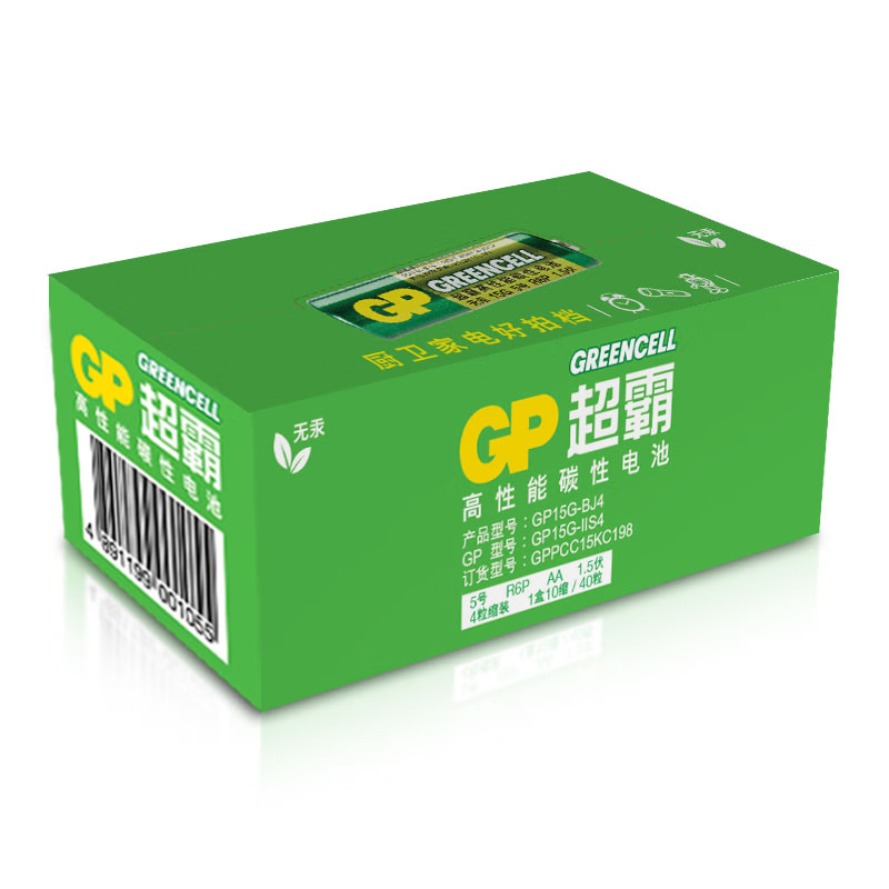 超霸(GP)5号电池40粒五号碳性干电池适用于耳温枪/血氧仪/血压计/血糖仪/鼠标等5号/AA/R6P 单位:盒