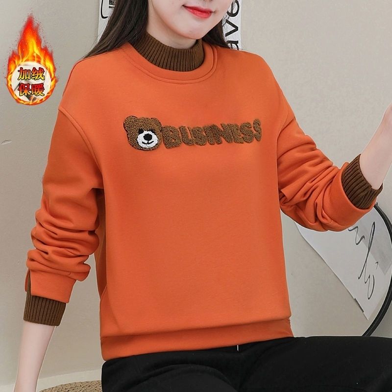 加绒加厚卫衣女2023年秋冬新款圆领宽松上衣小熊刺绣设计感显减龄 M80一102斤 桔色（加绒）