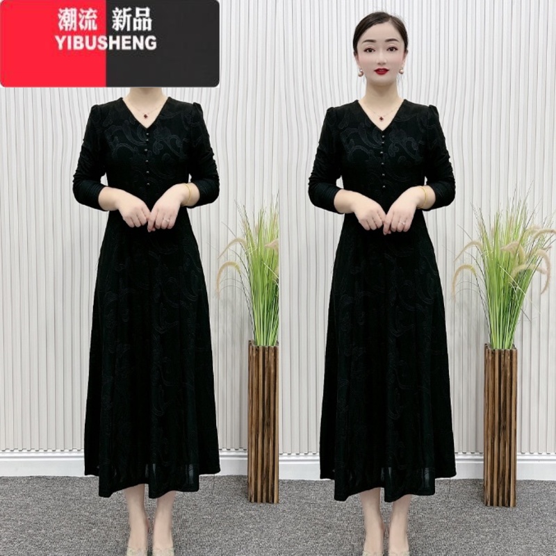 YIBUSHENG2024季新款中年女改良旗袍裙子妈妈装气质显瘦碎花连衣花 4XL135-150 领黑色
