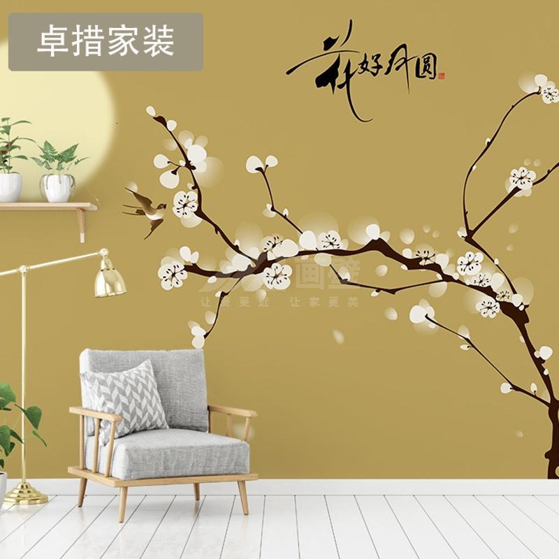 新中式简约手绘梅花墙纸壁画背景墙花开月圆影视墙布壁纸壁画壹德壹