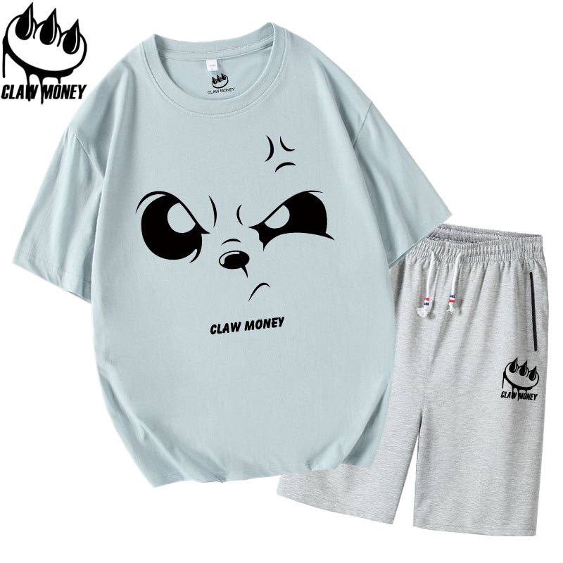 Claw money潮牌短袖T恤套装男纯棉整套青少年短裤宽松大码五分裤