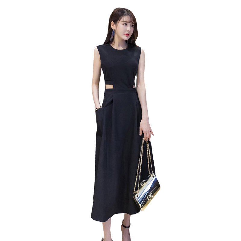 2018夏季女装时尚性感露腰修身显瘦收腰连衣裙气质小礼服长裙