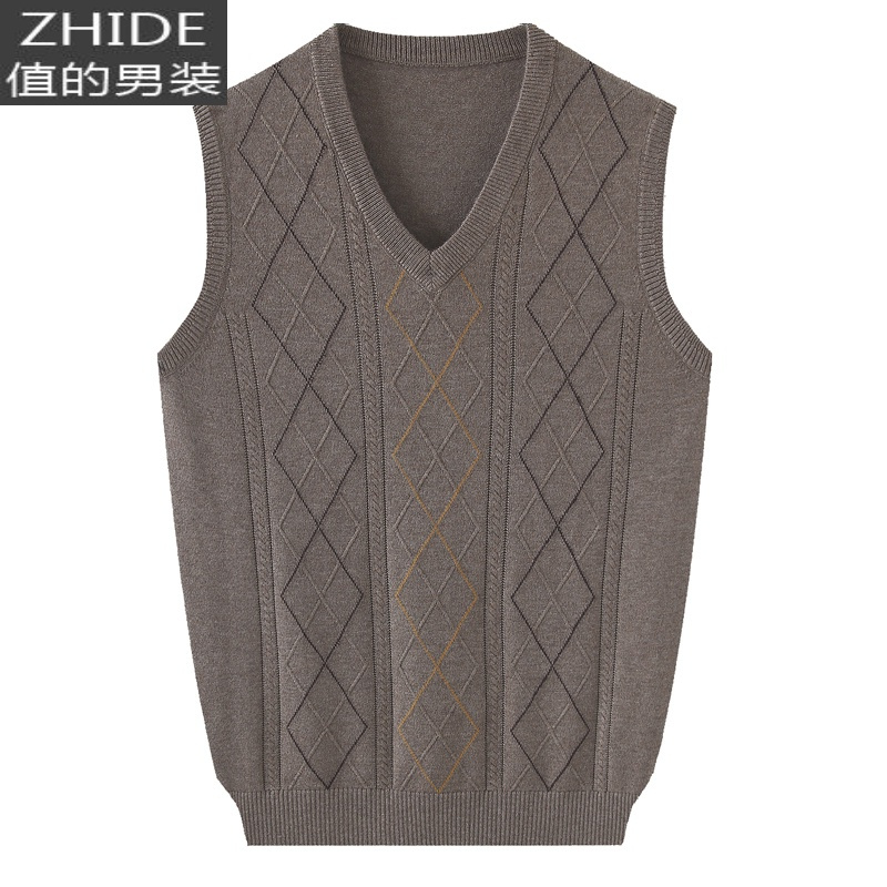 suntek毛背心男中老年爸爸毛衣马甲春秋冬季保暖提花v领套头毛线背心