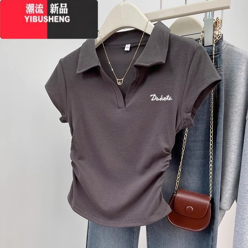 YIBUSHENG复古chic正肩短袖T恤女Polo领2024季新款设计感学院显瘦短上衣