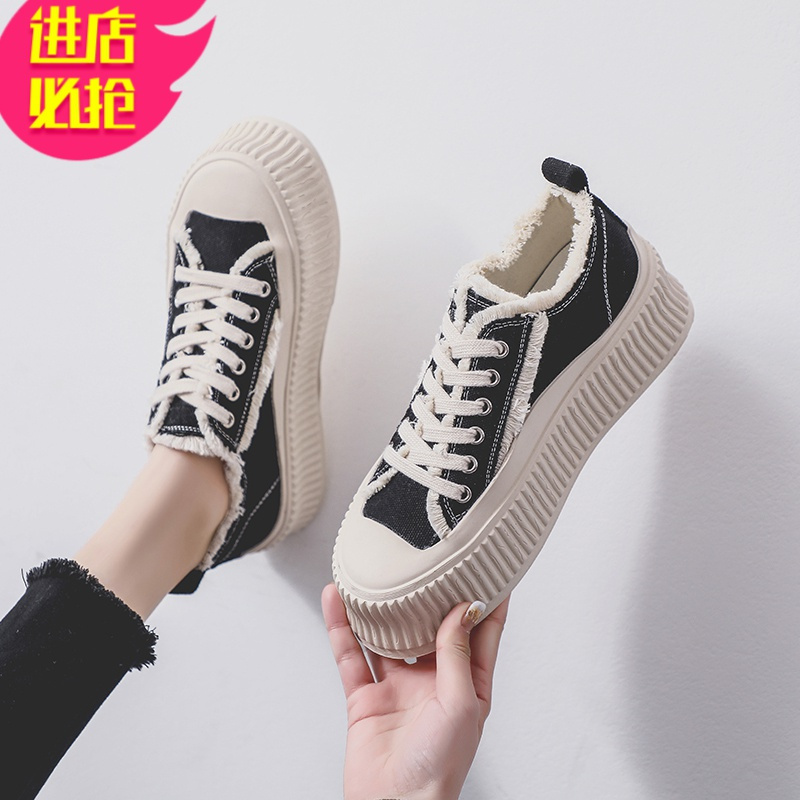 金三志帆布鞋女2021年新款ulzzang百搭厚底黑色低帮休闲鞋子女春秋ins潮帆布鞋