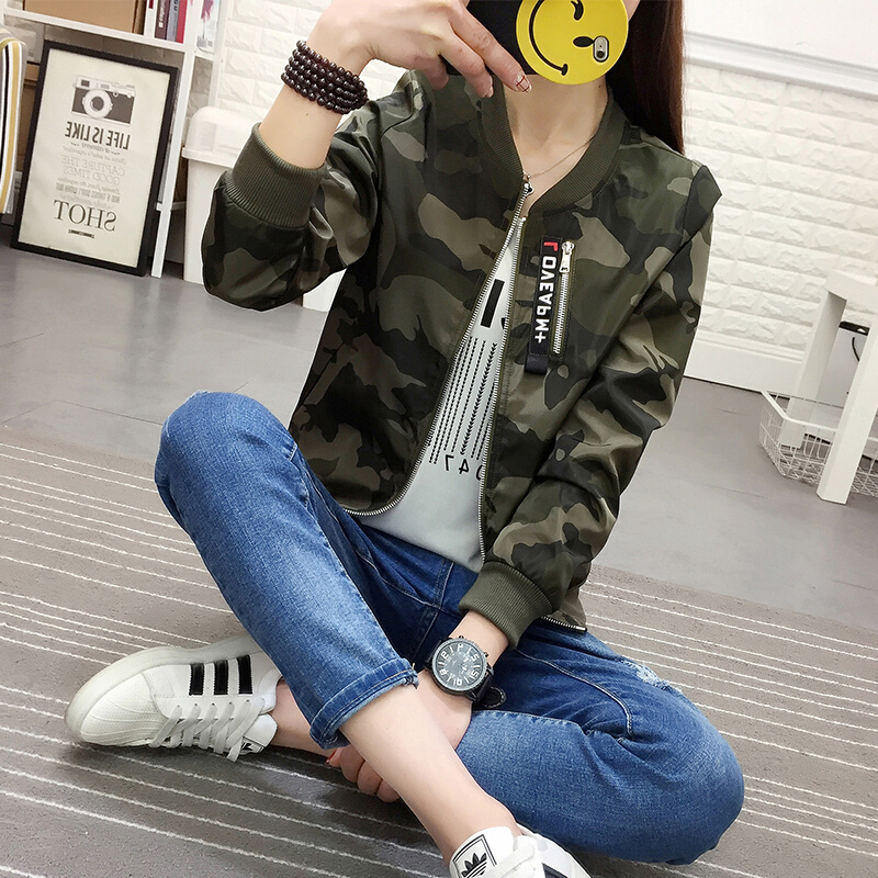 短外套女2018春秋韩版大码修身棒球服秋季时尚百搭迷彩夹克衫