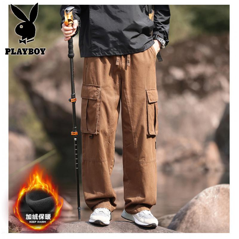 花花公子新款2025冬新款男士潮流日系多口袋休闲垂感显高加绒工装裤8812-1_669高清大图