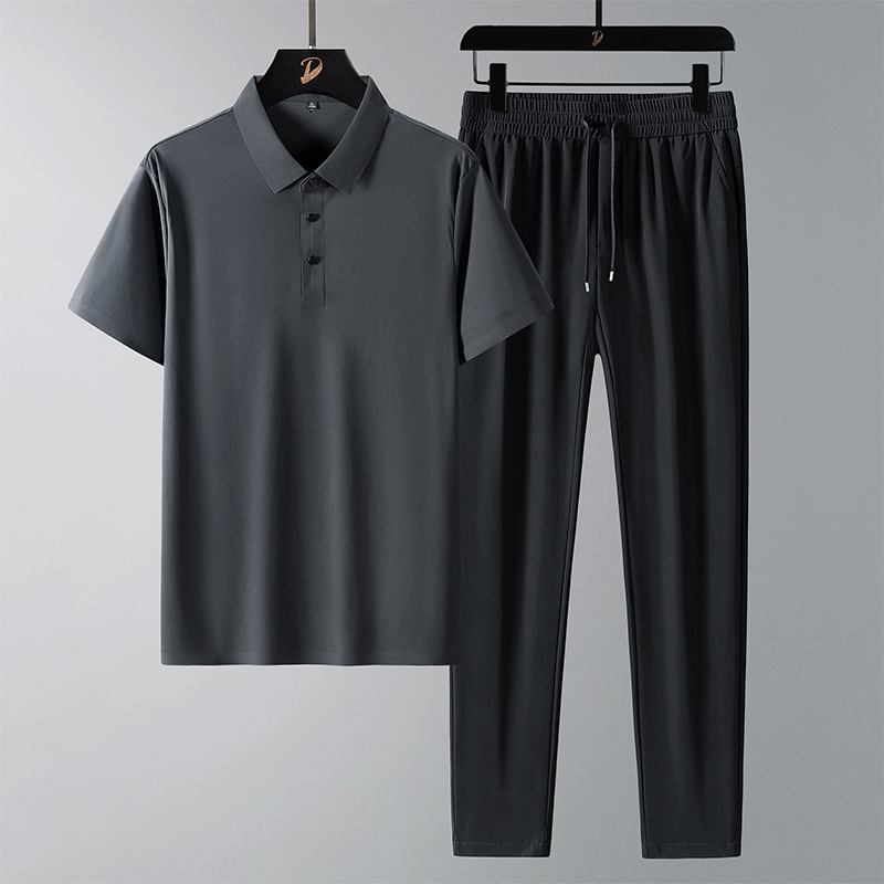 啄木鸟夏季冰丝款套装男士无痕T恤短袖POLO+休闲裤子男两件装父亲 119906深灰 M