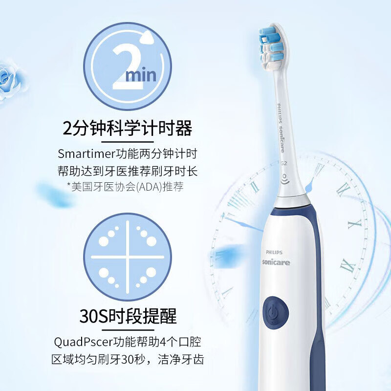 飞利浦(PHILIPS)电动牙刷 成人充电式声波震动智能情侣牙刷(自带刷头*2) HX3226/22深海幽蓝高清大图