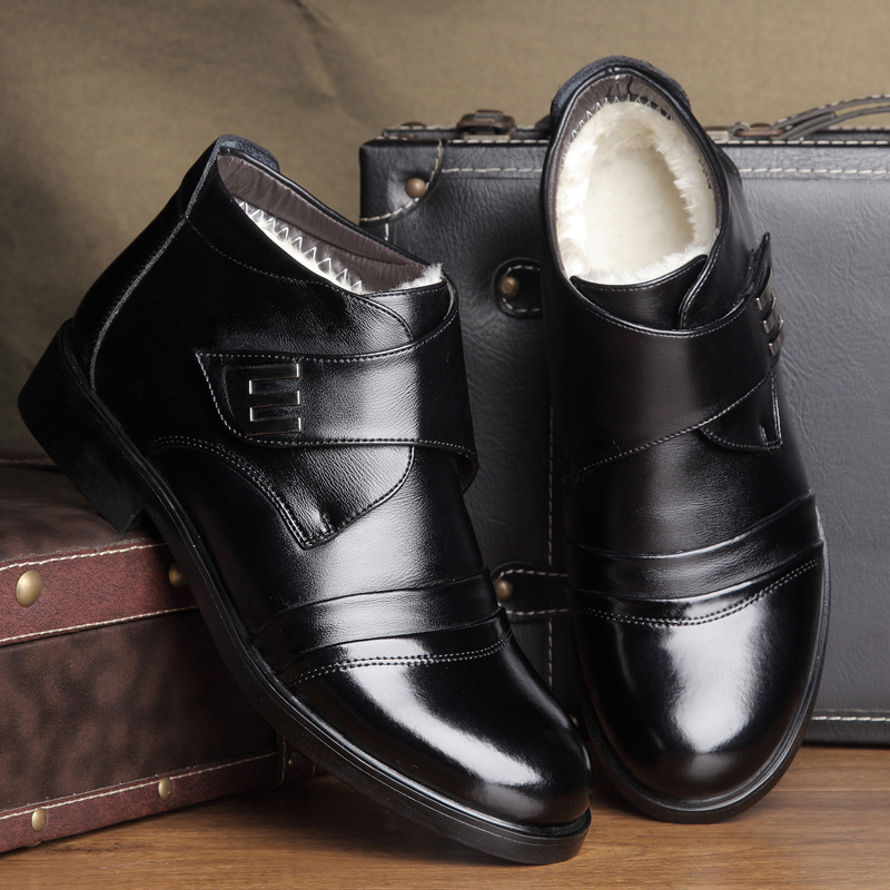 迪罗尼卡牛皮冬季高帮加绒羊毛棉靴子男短靴真皮软底商务棉皮鞋男雪地靴高清大图