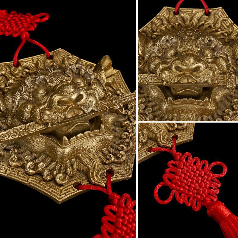 美帮汇铜狮子头摆件睚眦咬剑铜兽首口挂饰饰八卦铜狮咬剑高清大图