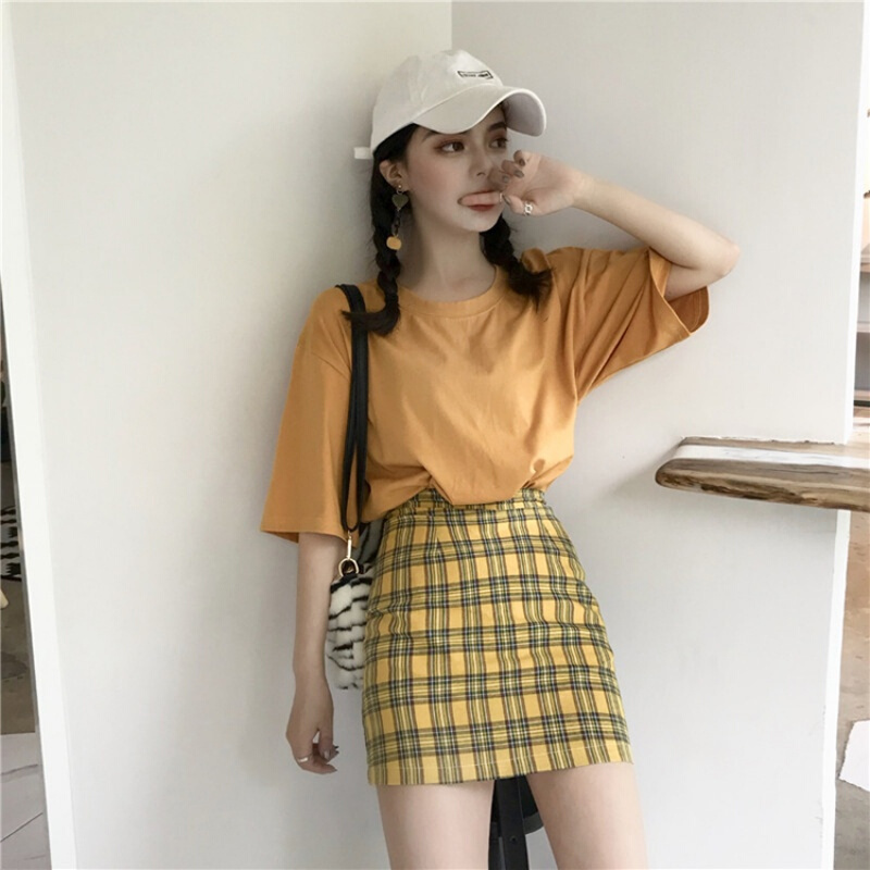 2018夏季新款复古高腰格子半身裙女学生胖mm显瘦a字裙包臀裙200斤图片格