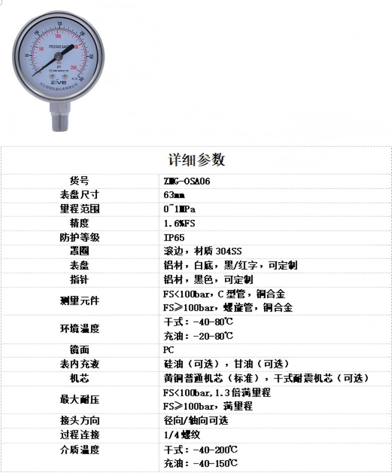 ZIVE 304全不锈钢压力表 ZMG-OSA06(下单备注轴向、径向)个高清大图