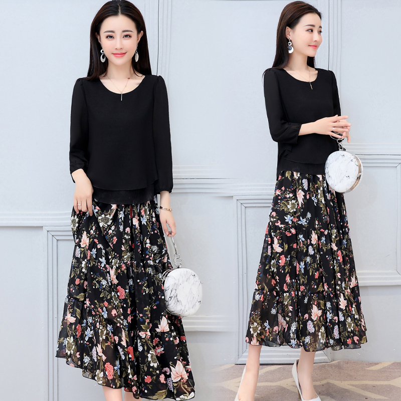 时尚套装裙女女士夏装新品女装韩版印花雪纺中长款两件套连衣裙女