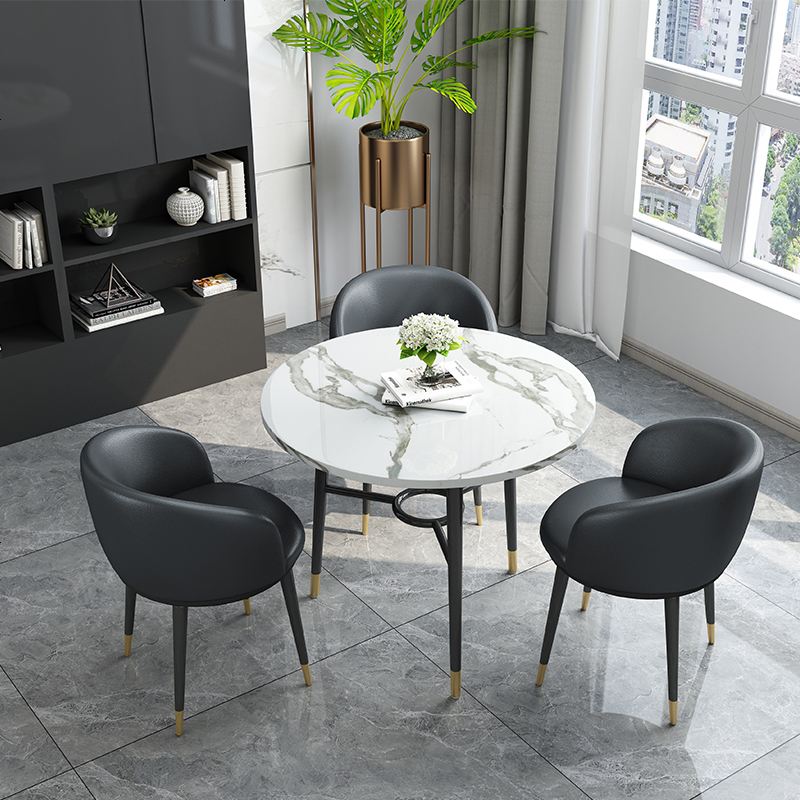 轻奢洽谈桌椅组合简约咖啡奶茶店售楼处接待阳台休闲北欧小圆餐桌_991_813 黑色_皮椅1桌3椅70cm桌