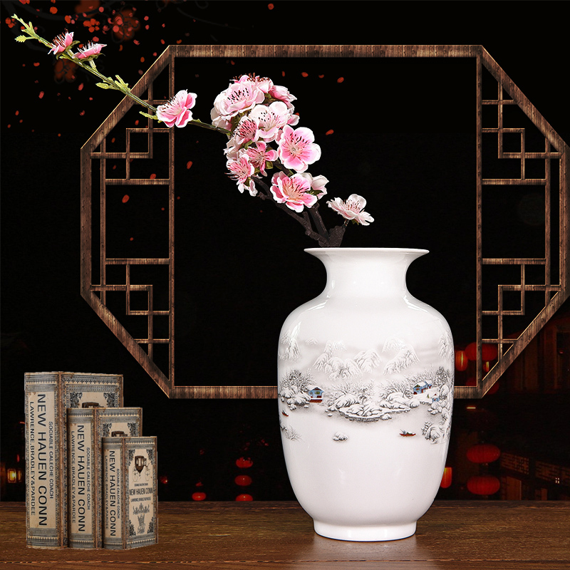 家居白色小花瓶插花陶瓷器现代客厅电视柜装饰工艺品摆件-雪景冬瓜瓶送底座