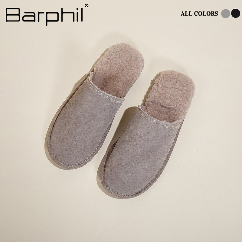 Barphil男士拖鞋室内家居2023牛皮防滑保暖皮毛一体休闲棉拖冬季