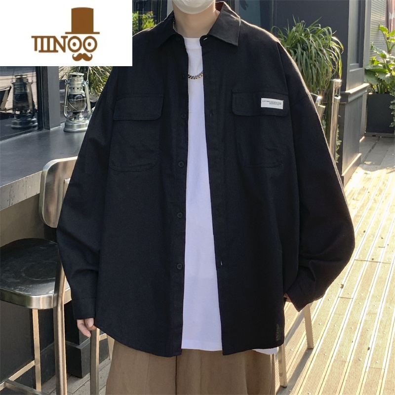 YANXU日系cityboy翻领衬衫男宽松百搭简约纯色外套帅气工装上衣高清大图