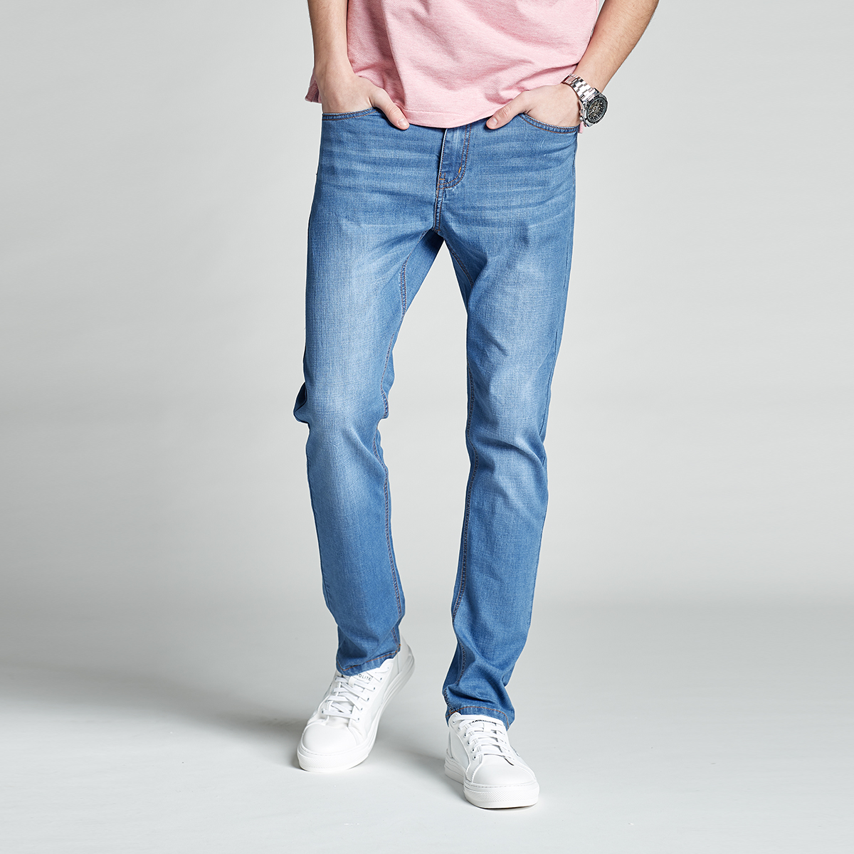 【人气】真维斯牛仔裤男春秋新款修身直筒舒适弹力男士潮流长裤子 浅