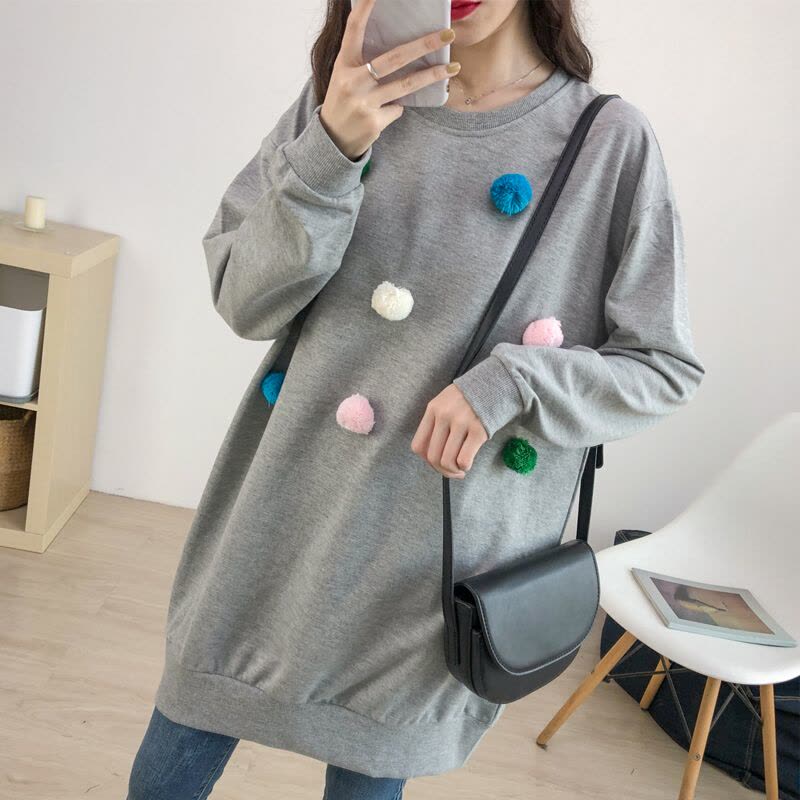 迪鲁奥(DILUAO)孕妇卫衣春秋季2021新款长袖中长款小毛球衣韩版大码宽松上衣图片