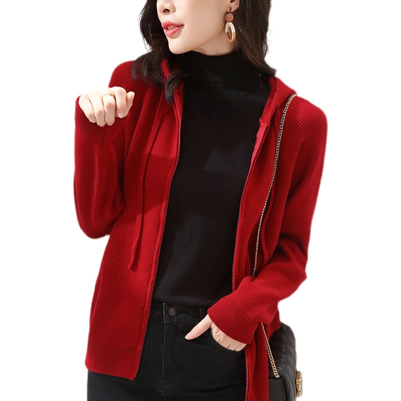 开衫外套女早秋连帽羊毛针织衫外穿春秋拉链卫衣羊绒毛衣秋季上衣