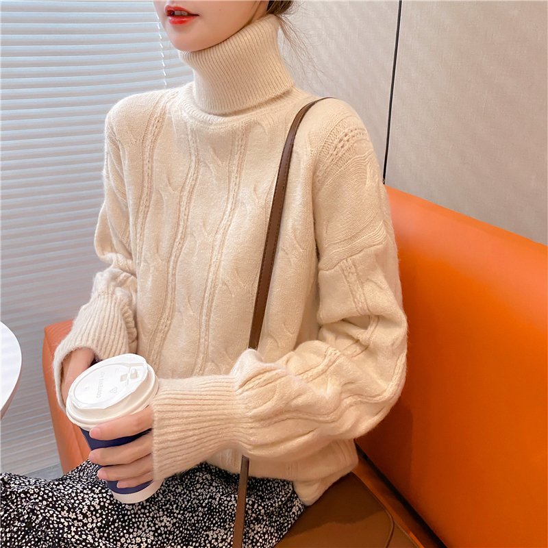 麻花高领宽松短款泡泡袖秋冬2020新款毛衣套头女加厚外套上衣外穿