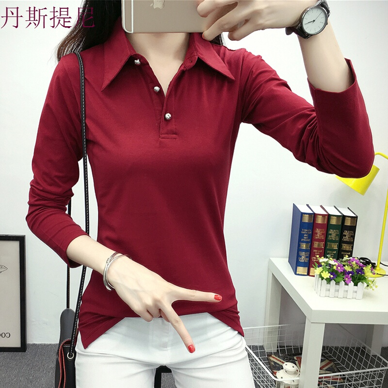 长袖女装春秋季韩版修身显瘦纯色纯棉小衫女士V翻领打底衫上衣