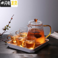 三维工匠耐热锤纹玻璃茶壶茶水分离泡茶壶套装家用过滤单壶水壶耐高温加厚 450ml锤纹壶+4个锤纹杯+四方竹盘白色_504
