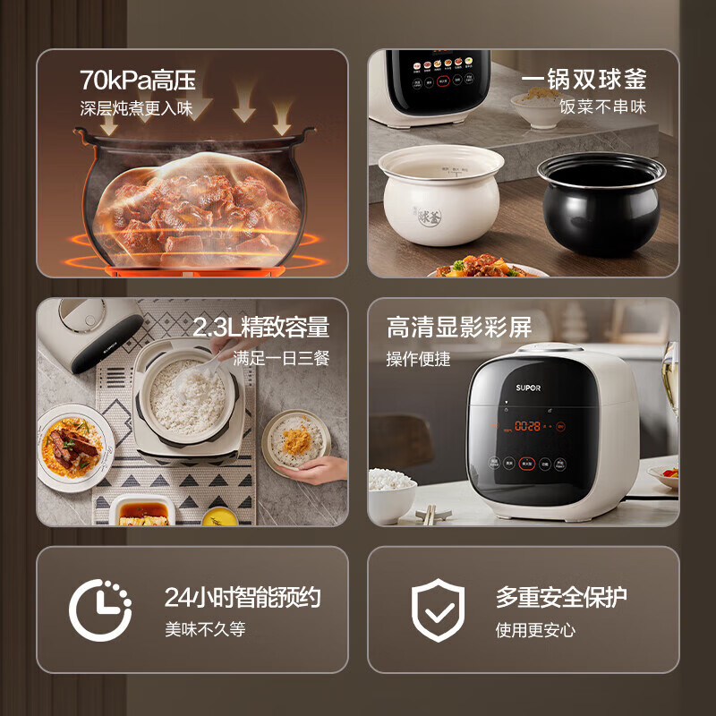 苏泊尔(SUPOR)电压力锅 高压锅2.3L多功能料理锅 高清彩屏 双球釜内胆 70KPa高压 SY-23FC2305高清大图