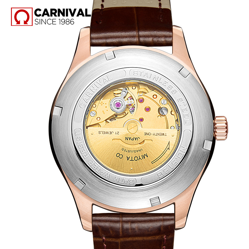 嘉年华Carnival 大表盘防水全自动机械表 男士个性时尚款腕表新款雄鸡浮雕手表男玫瑰金富贵吉祥515G