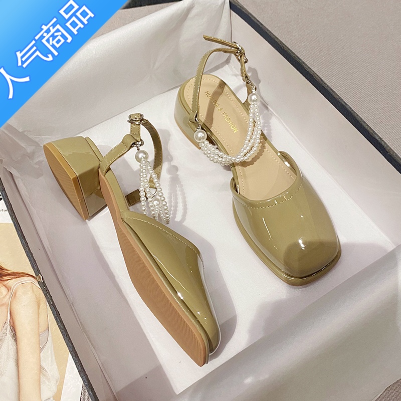 SUNTEK今年新款凉鞋女款夏季绿色法式单鞋珍珠半拖包头中跟粗跟玛丽珍鞋高清大图