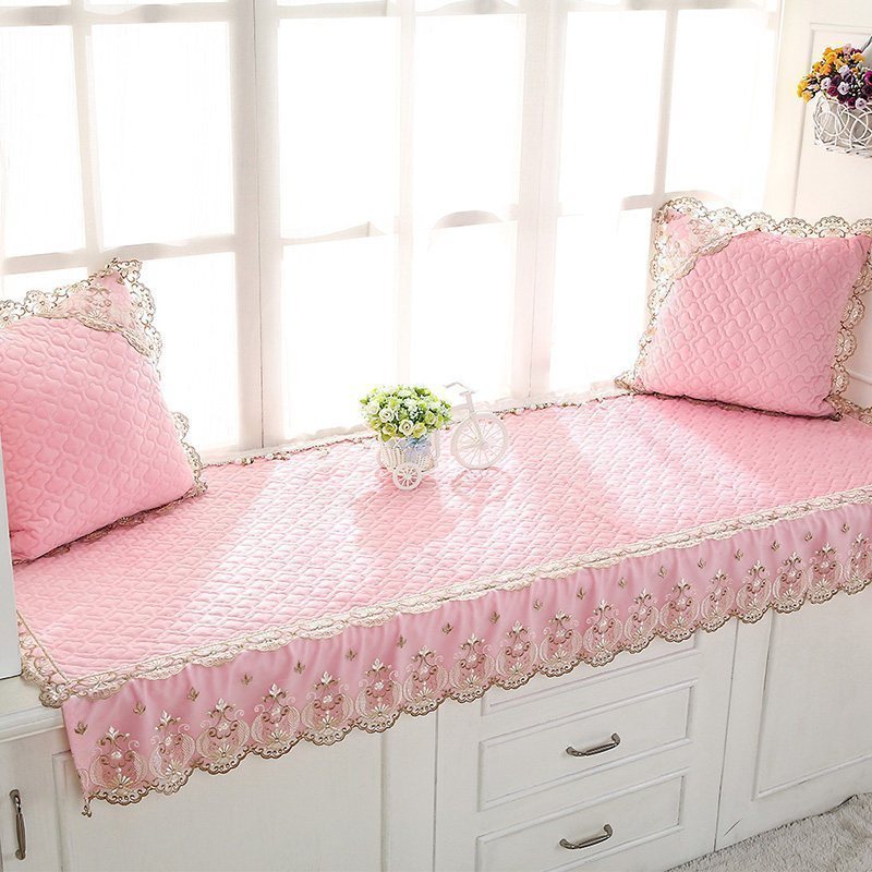 汐岩窗台垫北欧飘窗垫四季卧室飘窗榻榻米垫可机洗公主房阳台垫子定做 昔云-粉红色(60宽+15裙摆)*180长