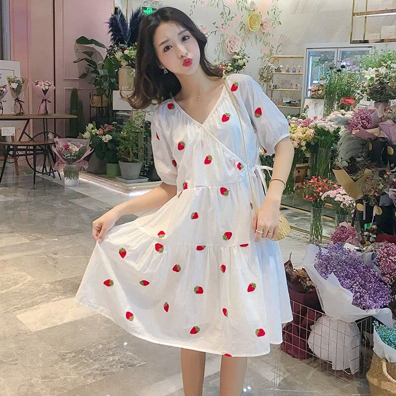 迪鲁奥(DILUAO)孕妇装夏装外出2021新款V领显瘦孕妇连衣裙中长款时尚潮妈孕妇裙子夏季宽松透气 白色图片