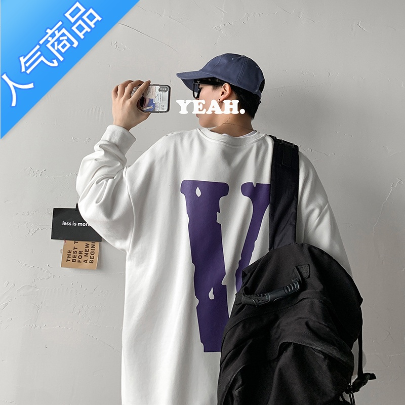 喻娄日系嘻哈大V字卫衣男感大码情侣长袖t恤潮牌春季休闲无帽外套T恤