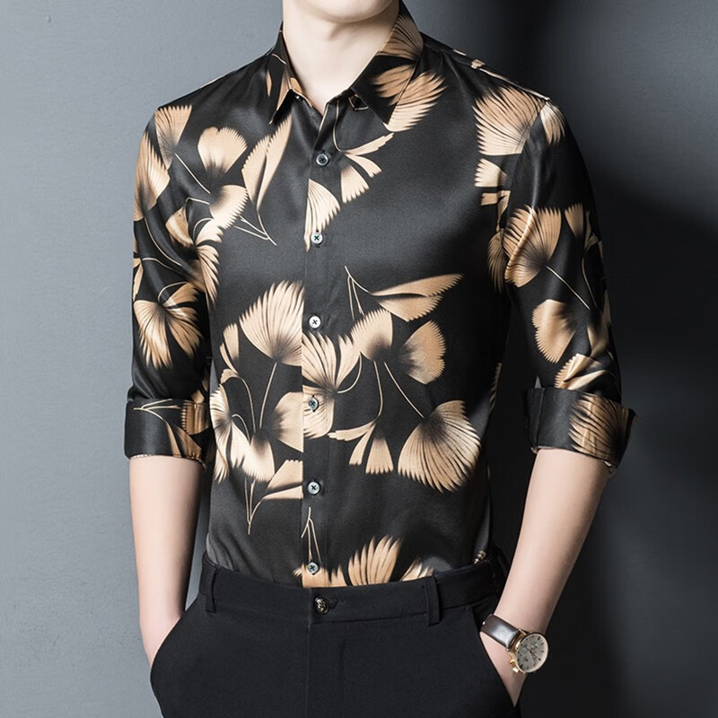 杜卡西品牌轻奢真丝衬衫男春秋季中青年国潮风薄款高端桑蚕丝长袖衬衣