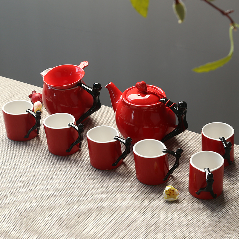 苏氏陶瓷(SUSHI CERAMICS)个性茶具红釉黑柄斜茶壶斜茶杯10头陶瓷功夫茶具套装礼盒