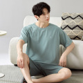男士棉质睡衣薄款夏天短袖短裤圆领套装简约休闲学生可外穿家居服 男XL B57057
