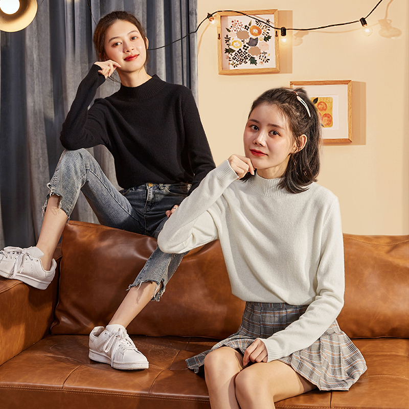 【2.5折价140元】唐狮冬季新款百搭学生羊毛衫打底毛衣女纯色半高领内搭黑白色