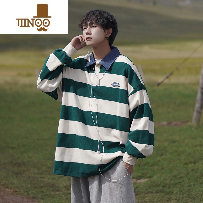 YANXUt恤感美式西海岸oversize卫衣男生条纹polo衫学院风Nr高清大图