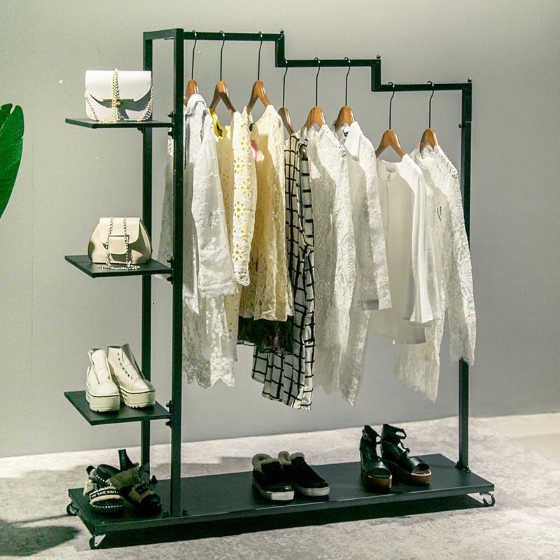 三维工匠服装店衣架展示架鞋包挂衣服架子移动落地男女装店货架侧挂服装架晾晒架 黑色长140*宽36*高150送轮子+扳手