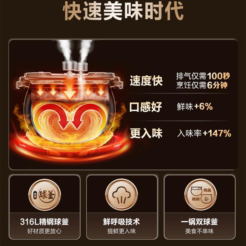苏泊尔(SUPOR)电压力锅5L升精钢球釜智能IH高压锅饭锅一体煮饭煲汤一锅双胆家用2200w猛火8分钟 商超同款高清大图